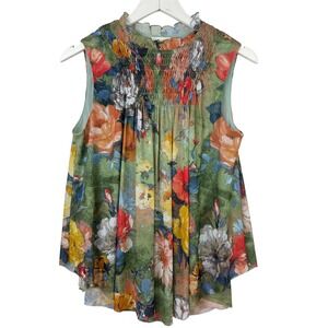 Deletta Floral Sleeveless Top Women XS Green Smocked High Neck Ruffle Mesh Boho